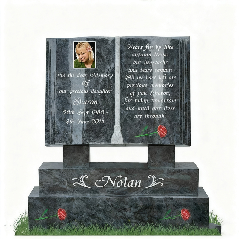 Гранитный мемориальный надгробие в форме книги