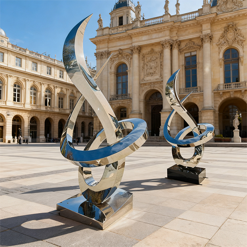Обтекаемая металлическая скульптура синего и серебристого цвета